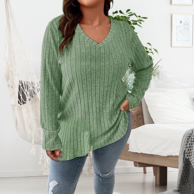 Mevxay Women Plus Size Sweater Fall Winter Ribbed Knit Tops Oversized Casual V Neck Cozy Warm Pullover Blouses Green 5XL