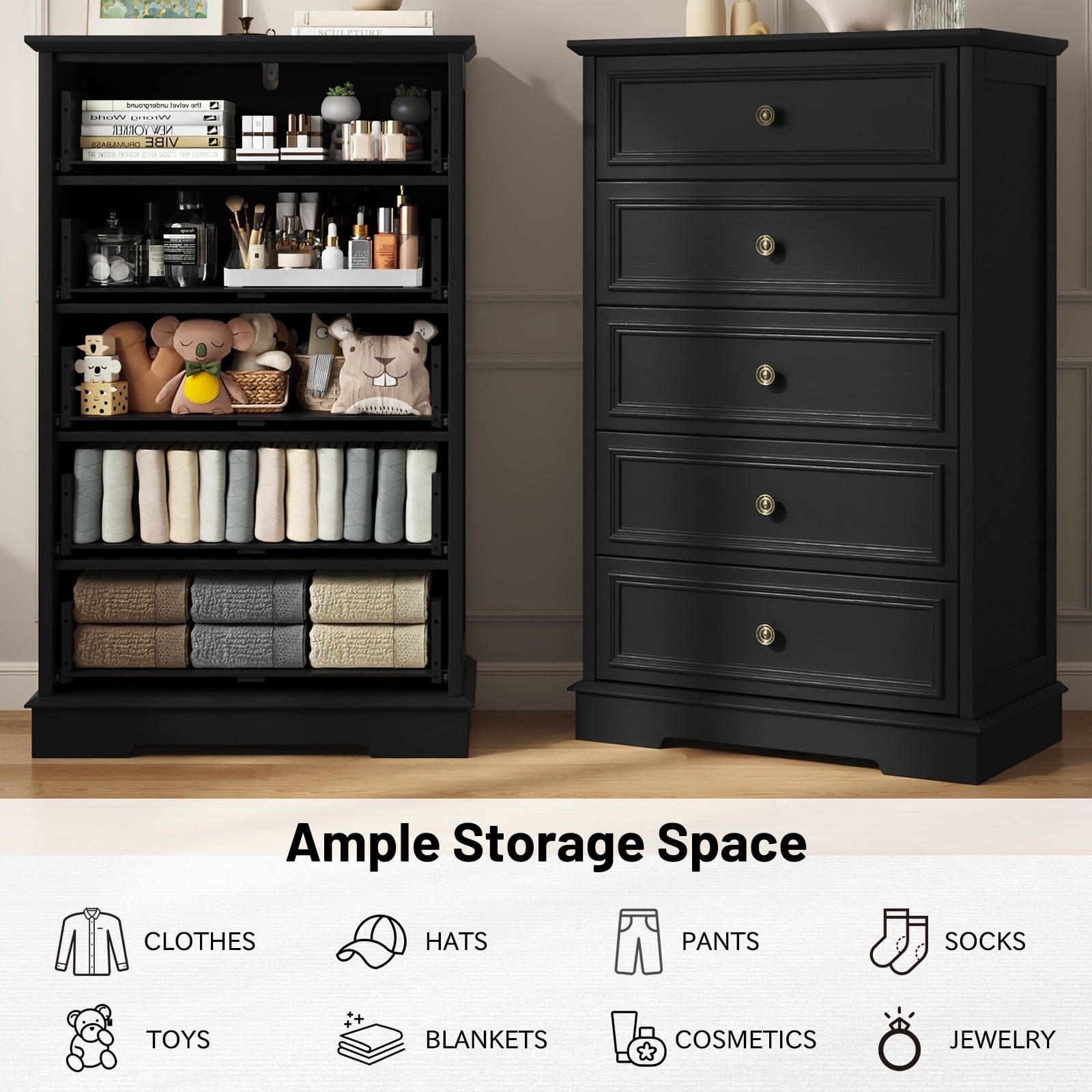 5 Drawer Dresser for Bedroom, Retro Wood Storage Cabinet with Antique Bronze Round Handles, Vintage Chest of Drawers with Solid Base for Living Room, Hallway, Entryway, Guest Room, Black