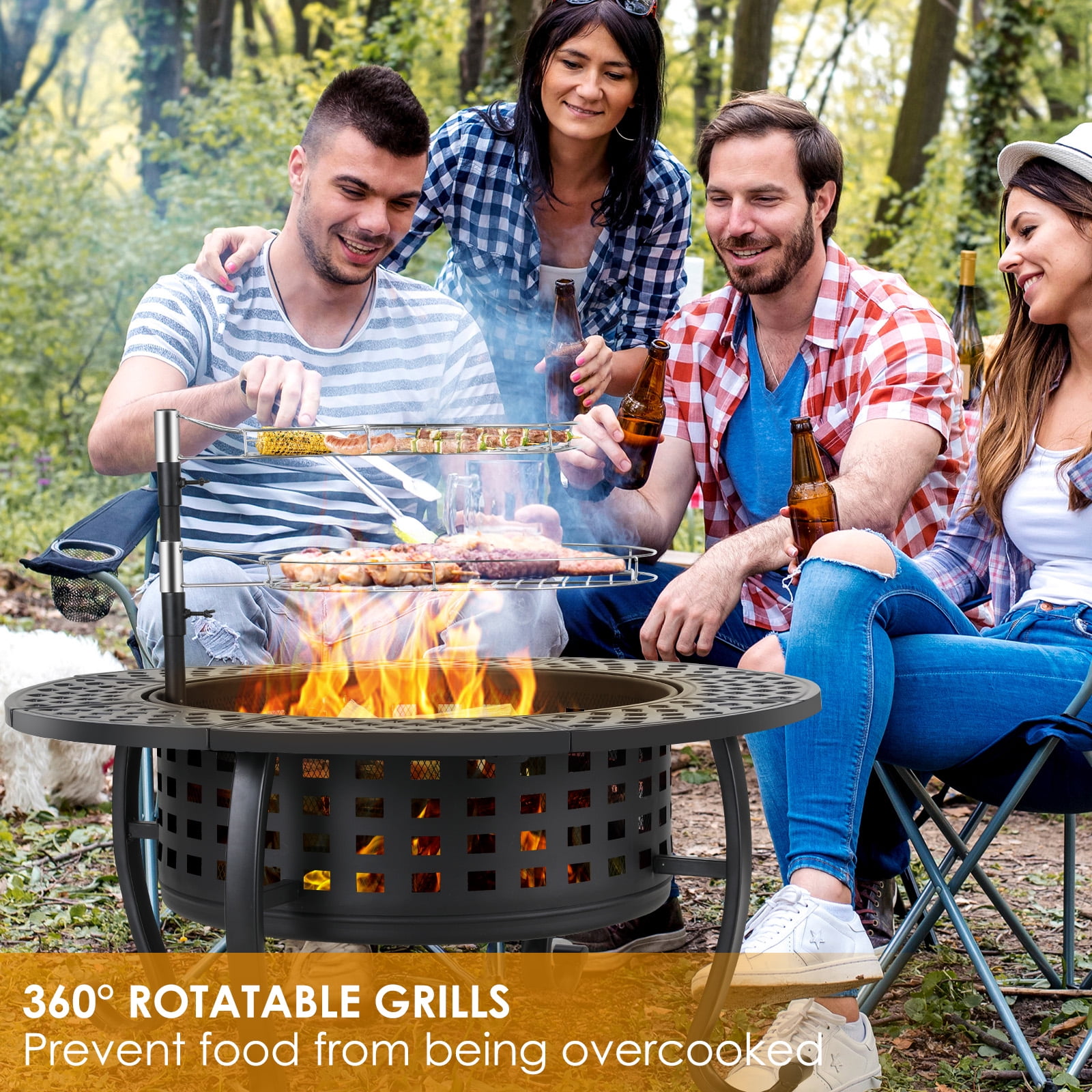 Arlopu Metal Fire Pit for Outside, 37'' Round Fire Pit Patio Wood Burning Fire Pit Table with Cooking BBQ Grills & Lid for Outdoor Camping Picnic Bonfire Party