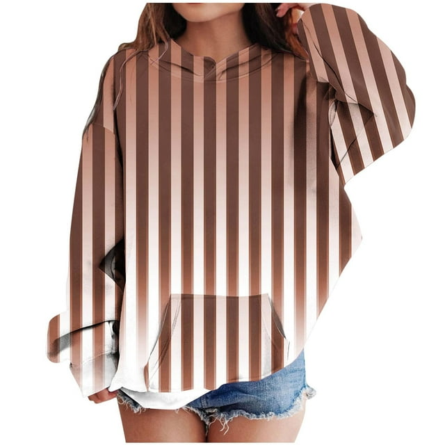 Zwiiyzr 2025 4-14 Ans Sweat à Capuche Oversize pour Filles Manches Longues T-Shirt Rayé Imprimé Col Rond Marron