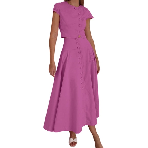 Women'S 2 Piece Skirt Sets Summer Short Sleeve Top Flowy Long Skirts Travel Vacation Outfits Pink L