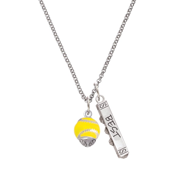 Delight Jewelry Silvertone Yellow Softball with Stitching Spinner Silvertone Best Friends Forever Bar Charm Necklace, 23"