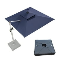 PURPLE LEAF 9FT Deluxe Square Solar Powered LED Patio Umbrella with Base, Large Offset Cantilever Umbrella with 360° Rotation, Navy Blue