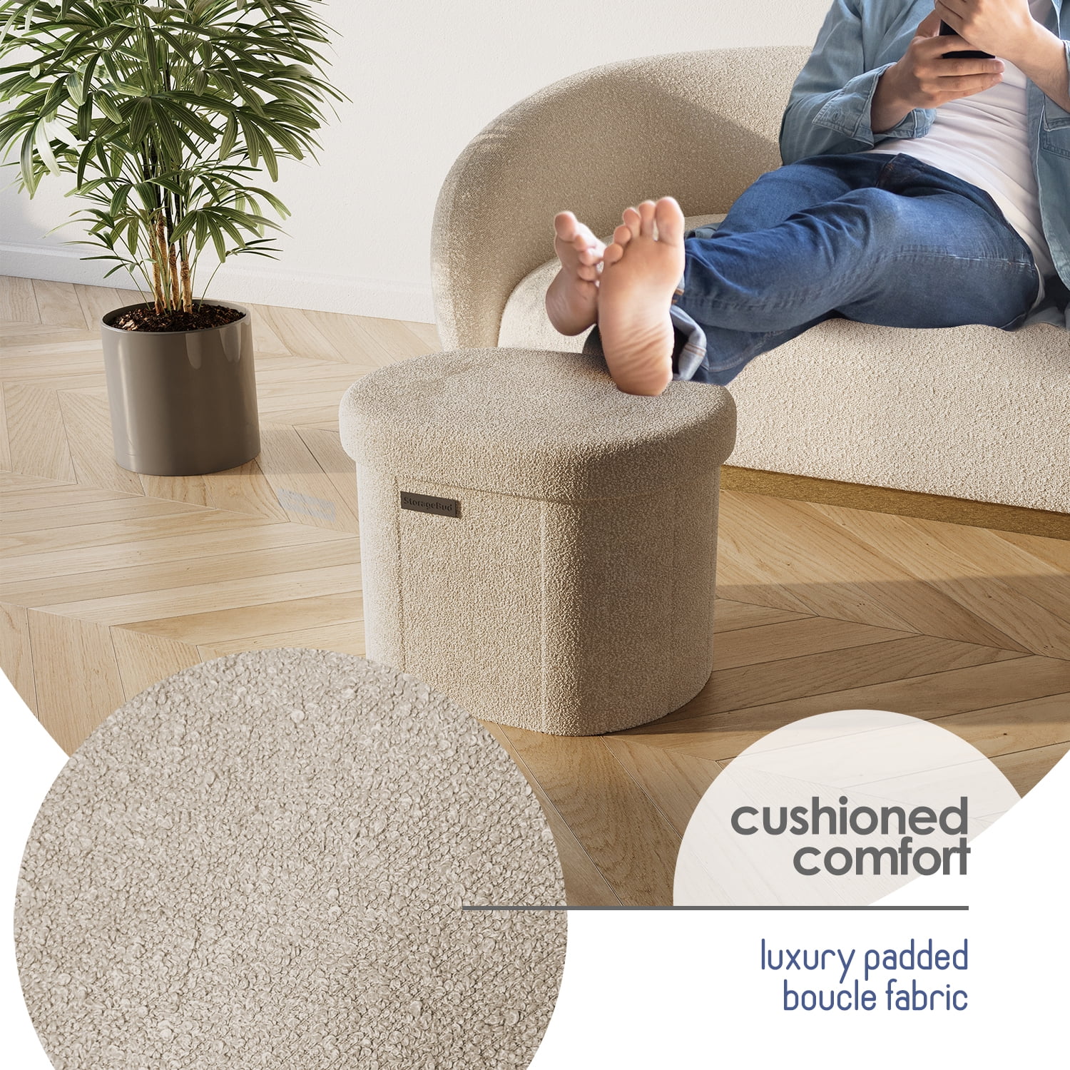 Hearth & Harbor Oval Storage Ottoman Bench, Boucle 18" Ottoman with Storage , Beige