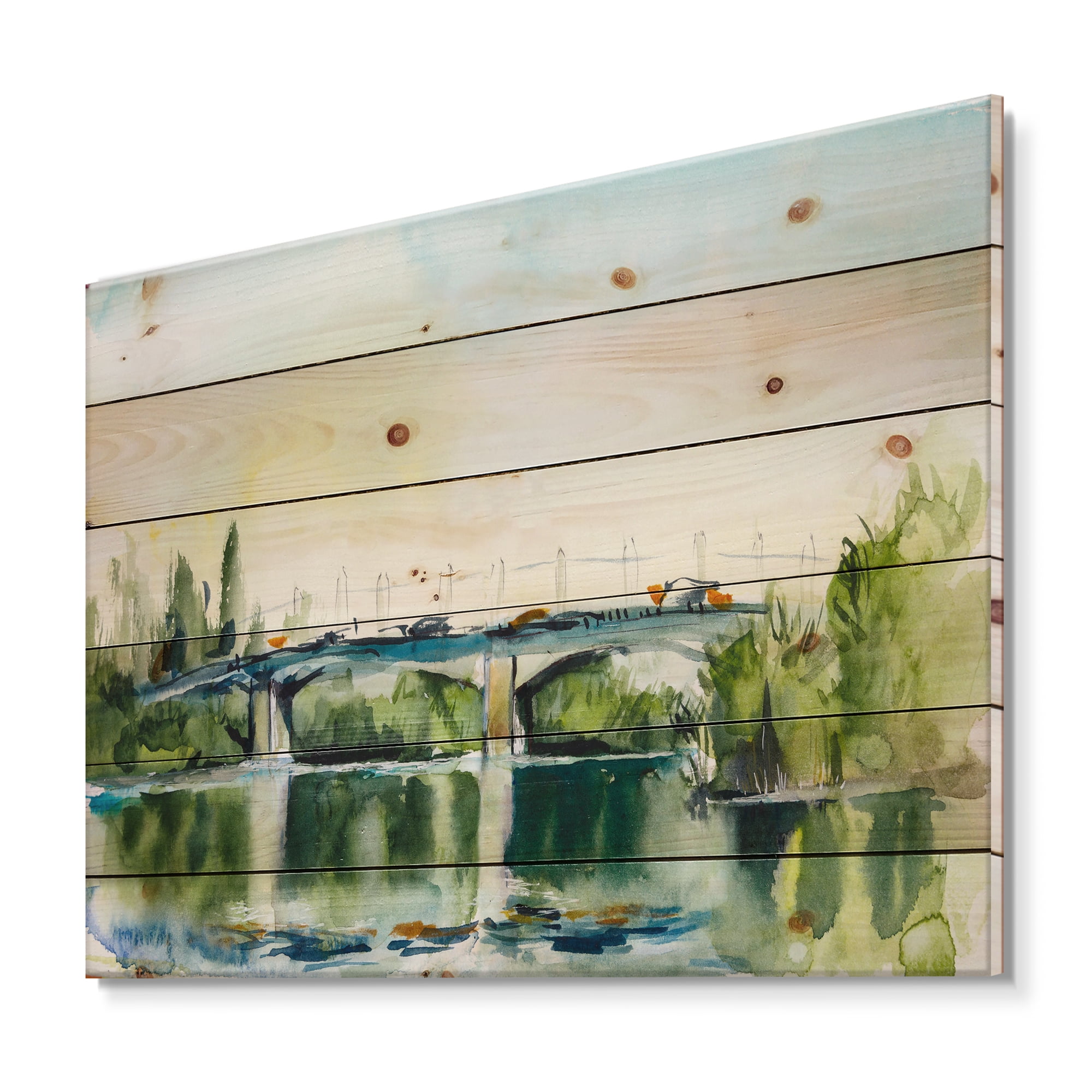 Designart 'Landscape With Old Bridge Over River In The Countryside' Traditional Print on Natural Pine Wood
