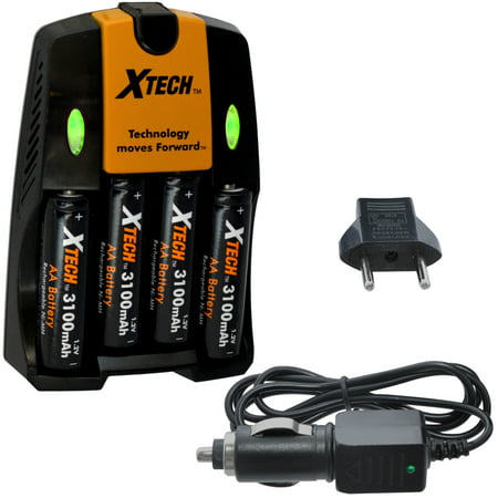 Xtech 4 AA Ultra High Capacity 3100mah Rechargeable Batteries with AC/DC Travel Turbo Quick Charger for AA, & AAA