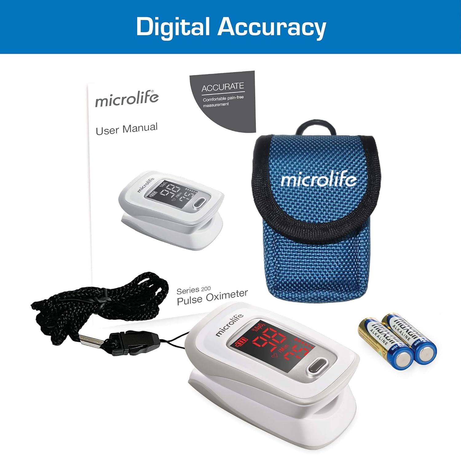 Microlife Series 200 Fingertip Pulse Oximeter, Blood Oxygen Saturation (SpO2) and Heart Rate Monitor, Includes Batteries, Lanyard and Case