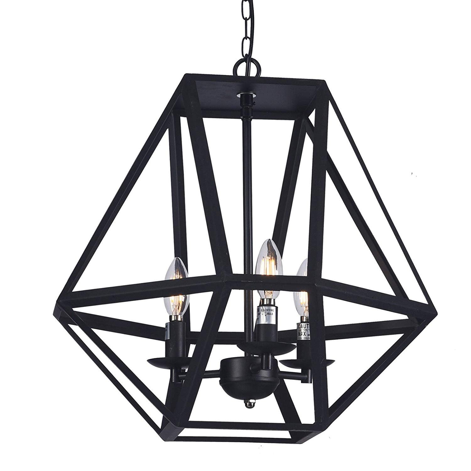 Wideskall 18 Modern Black Metal Iron Frame Squard Pyramid Chain Hanging Chandelier Ceiling Light 3 Bulbs Lighting Fixture Matte Black Finish Ul