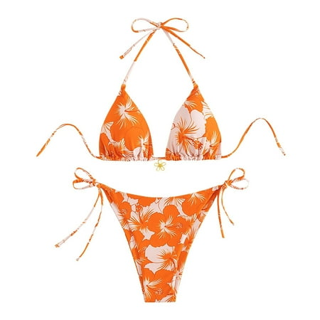Arnsht Women s New Fashion Comfortable Bikini 2 Piece Triangle Bathing Suit Halter Top Tie Side Thong Bikini Swimsuits Orange XL