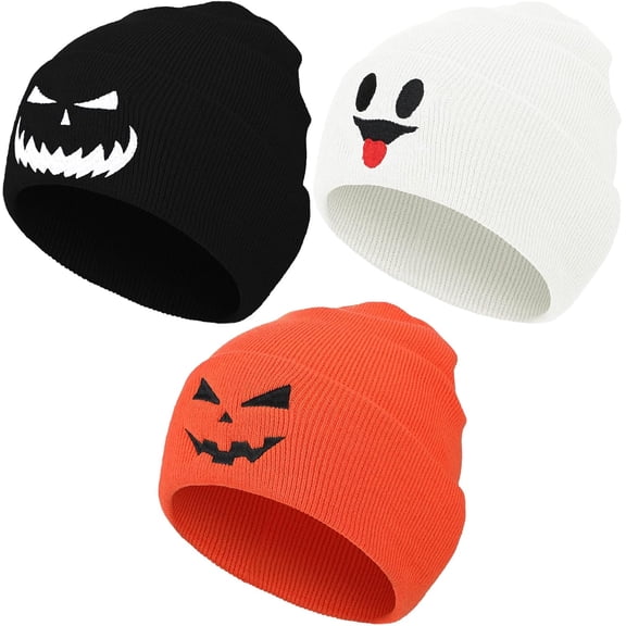 3 Pcs Halloween Beanie Hat Skull Knitted Cap Ghost Slouchy Beanie for Women Men Warm Soft Winter Beanie for Gift