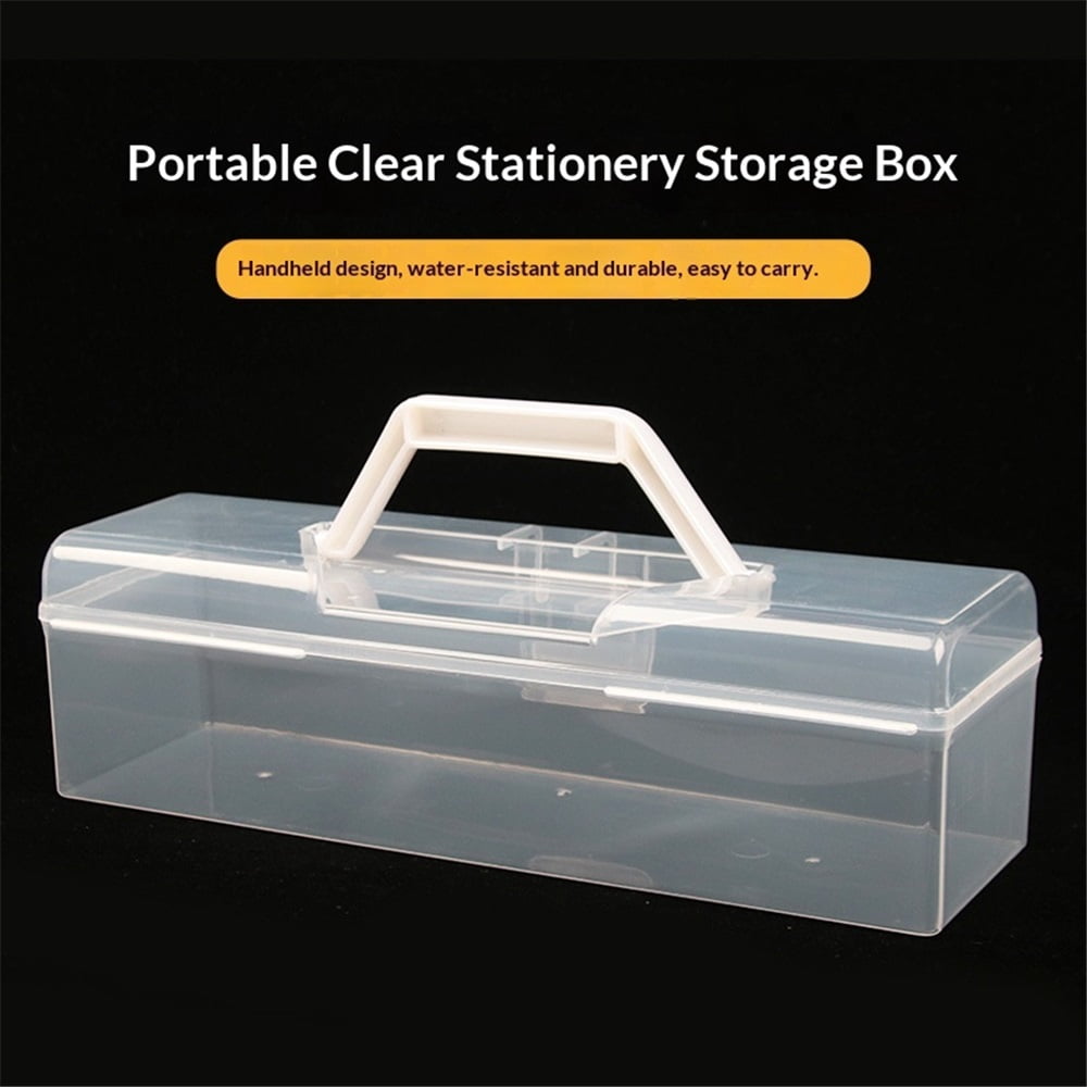 Plastic Portable Container with Handle, Art Craft Sewing Storage Box with Latching Lid for Paint Brush, Tools, Crayon, Washi Tape, Ruler, Ornaments, Ribbons (30*9*8.7cm)