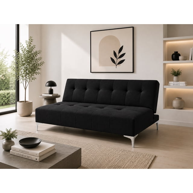 sofá cama reclinable el bazar store vegas lino negro moderno abotonado 3 posiciones, vista frontal 3/4 con respaldo reclinable, tapizado en lino negro con acabado abotonado en cuadrícula, silueta rectangular de 170 cm de largo x 75 cm de alto x 80 cm de profundidad, hule espuma de alta densidad y patas metálicas plateadas; ambientado en sala minimalista, ideal para visitas o para cuarto de estudio.