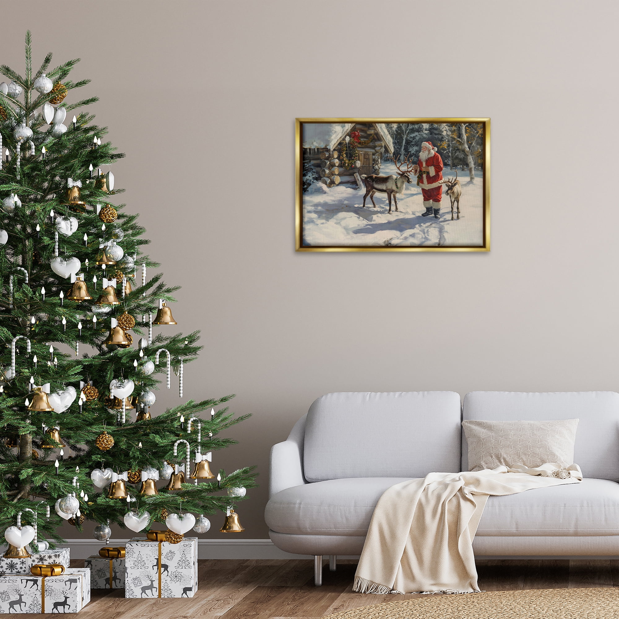 Stupell Industries Santa & Reindeer Scene Holiday Painting Gold Floater Framed Canvas Art Prints Wall Art, 31 x 21