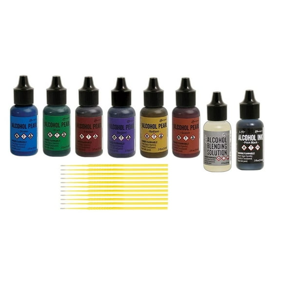 Ranger Alcohol Pearls Bundle - Divine, Elixir, Scorch, Intense, Opulent, Radiant with Pitch Black Alcohol Ink, Blending Solution - with Trebbies Detail Sticks