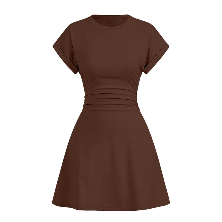 Ygbgbb Women's Short Sleeve Twist-Front Mini Dress, Twisted Detail Bodycon Dress, Slim Fit Trendy Casual Summer Dress Brown S