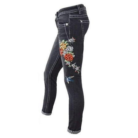 Women Embroidered Flower Jeans Skinny Denim Pants