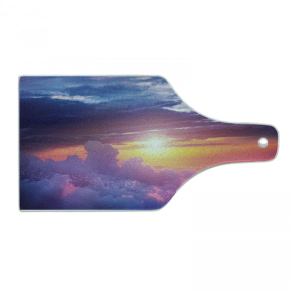 Landscape Cutting Board, Sunset Scene with Sky and Clouds with Vibrant Colors and Shadows Print, Tempered Glass Cutting and Serving Board, Wine Bottle Shape, Blue Yellow Purple, by Ambesonne