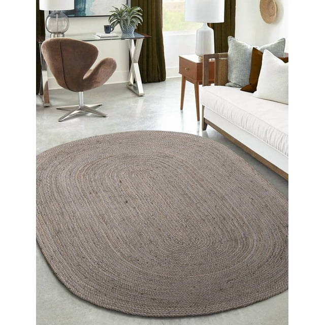 Aizza Trends 2x3 Ft Oval Gray Jute Area Rug, Boho Chic Natural Jute Area Rug - Hand-Braided, Rustic Farmhouse Decor for Living Room Carpet,