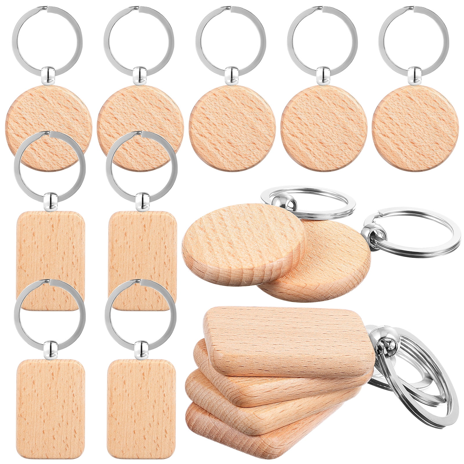 MLINS 40 Pcs Blank Wooden Key Tag Keychains Rectangle and Round Shape Wood Pendant Keyrings