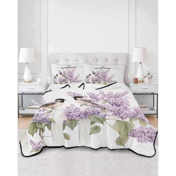 Quilts Full Size, Bird Flowers Soft Comforter Bedding Set for Bed, Purple Lavender Pastoral Pastel Watercolor Lightweight Quilted Bedspread with Pillow Cover(2 Pieces) for All Season, 78x90 Inch