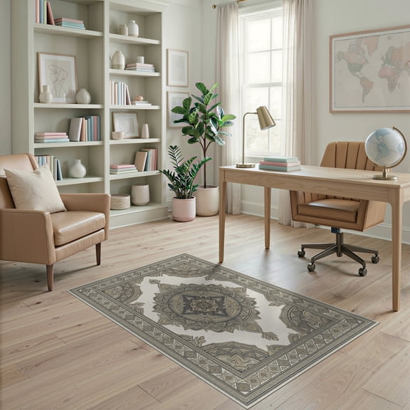 ODIKA Distressed Farmhouse Motifs Ivory Beige Dining Table Neutral Boho Refined Non-Slip Chair-Friendly for Home Office, Gaming Room, Under Desk