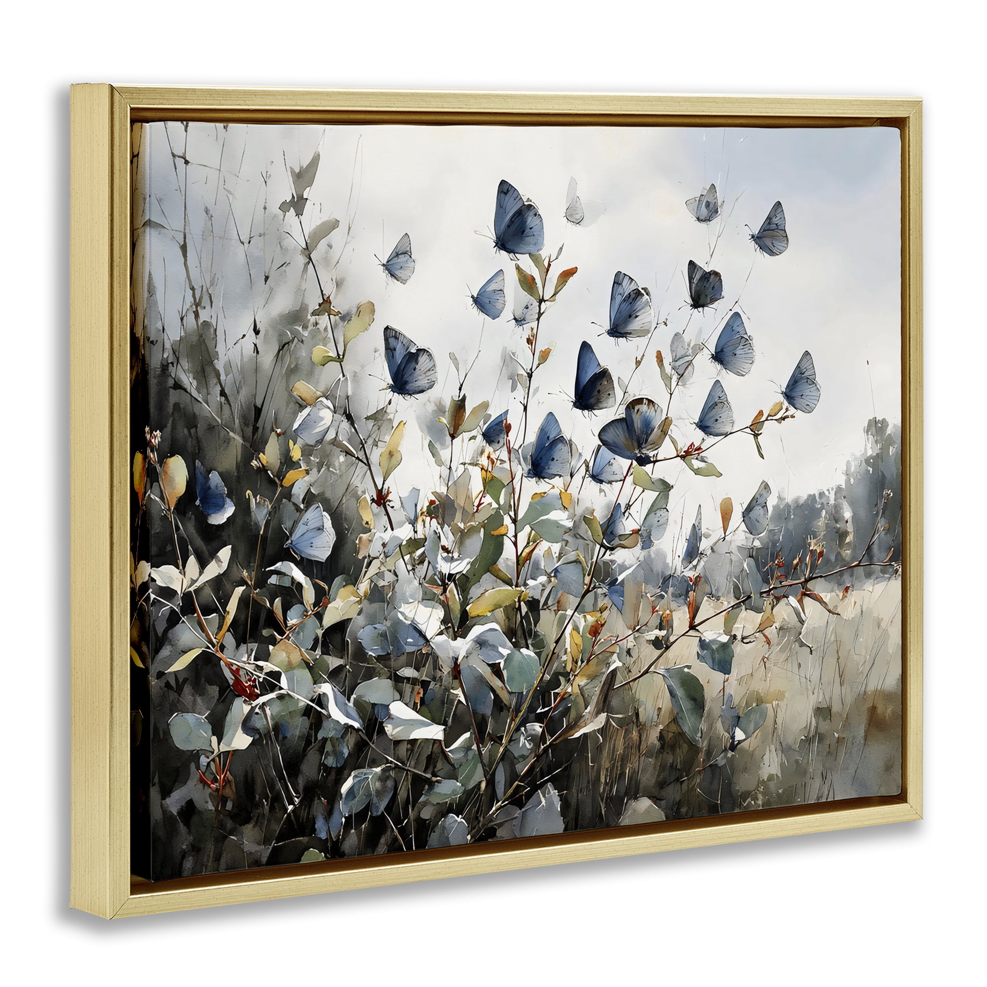 Stupell Industries Blue Butterflies Among Meadow Leaves Gold Framed Floater Canvas Wall Art, design by Franklyn Gregory