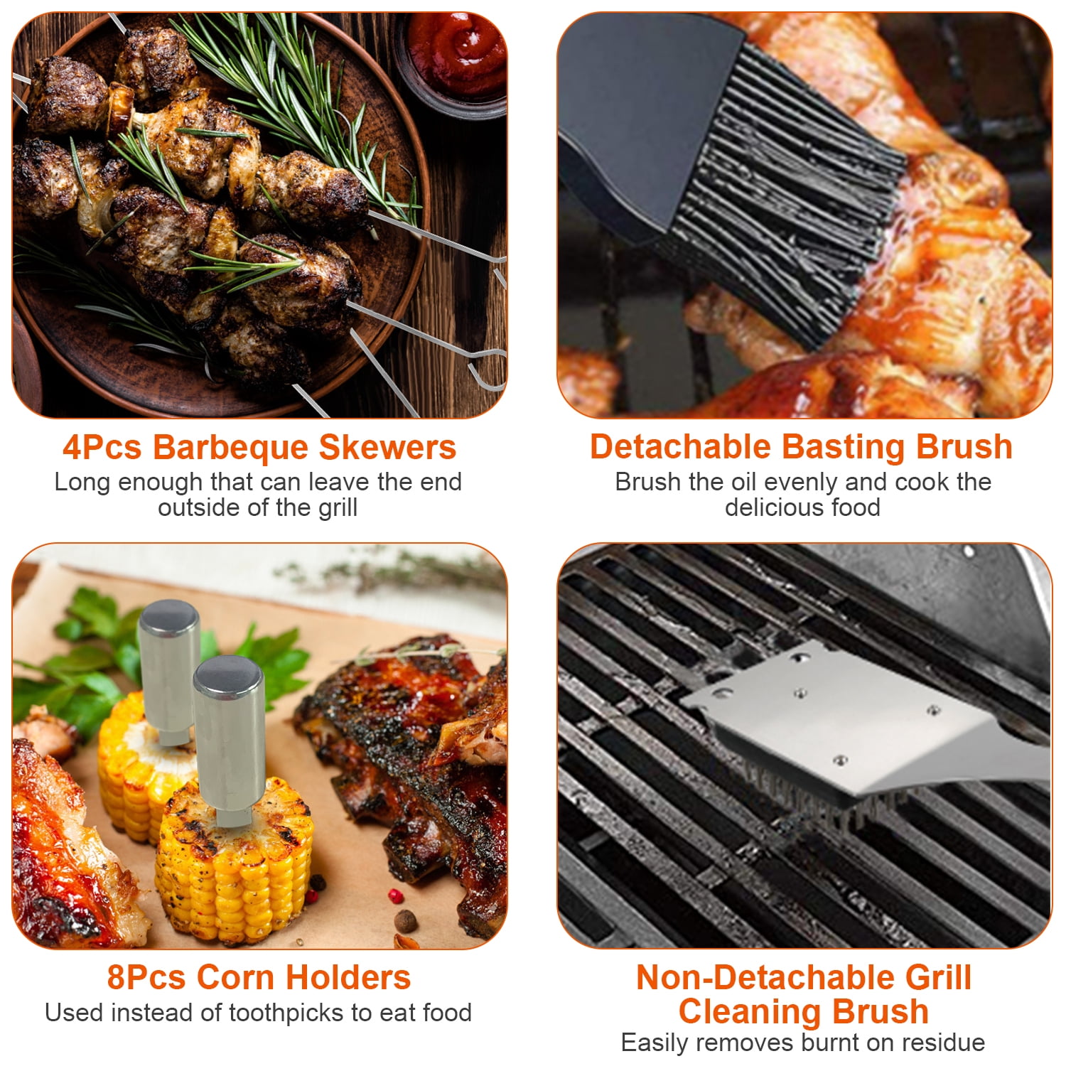 LakeForest Stainless Steel BBQ Grill Tool Kit Grilling Utensil Accessories w/ Spatula Tongs Fork Knife Brush Pepper Salt Shaker Bottle Grilled Skewers Corn Needles
