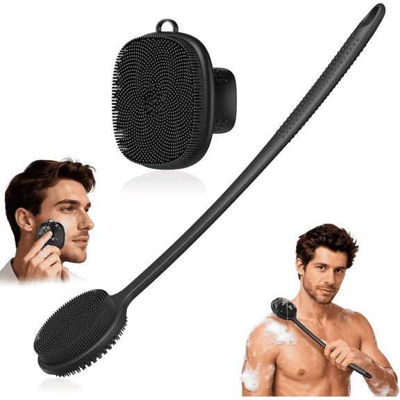 2Pcs Back Scrubber Set, 17In Silicone Shower and Face Cleansing Brush with Long Handle, Soft Exfoliating Body for Men Women