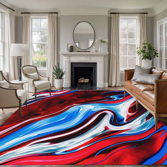 Large Area Rugs for Living Room Bedroom, Red Blue Marble 6'x9' Rug Washable Carpet Runner Indoor Outdoor, Modern Abstract Art Fluid Marble Non Slip Floor Mats Rug for Kitchen, Playroom