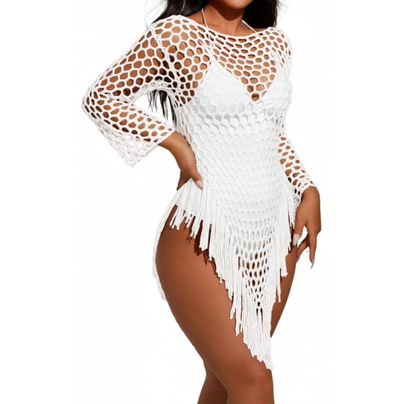 MLDRA Women's Swimsuit Cover Up Crochet Beach Coverups, Long Sleeve Fringe Knit Hollow Out Tops Summer White 2026
