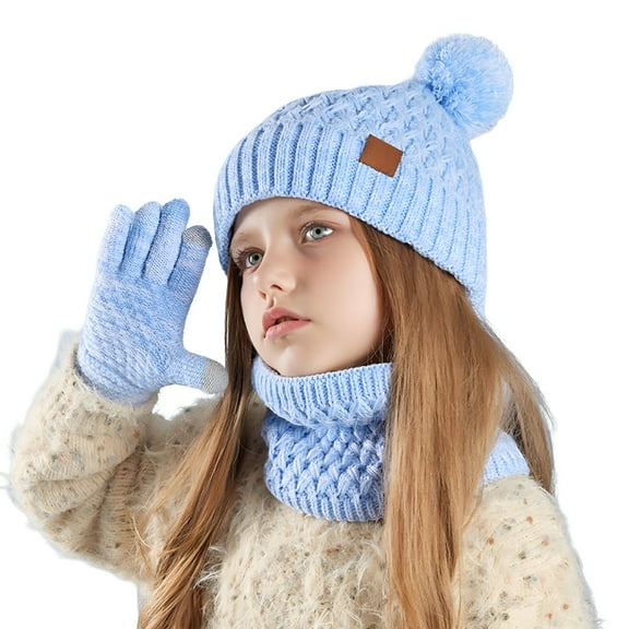 TELOLY Girls Hat Scarf And Glove Set Fashionable Outdoor Baby Warm Soft Three Piece Set Sky Blue