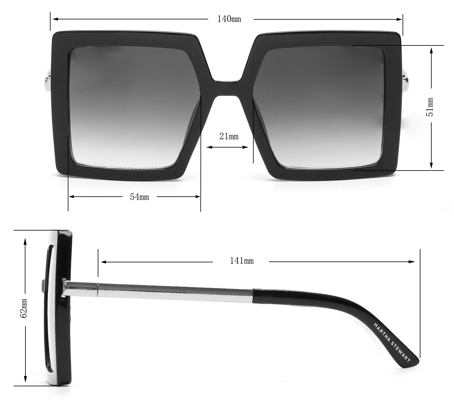 Martha Stewart Women's MS147 Oversized UVA and UVB Protective Square Fashion Sunglasses, 54mm