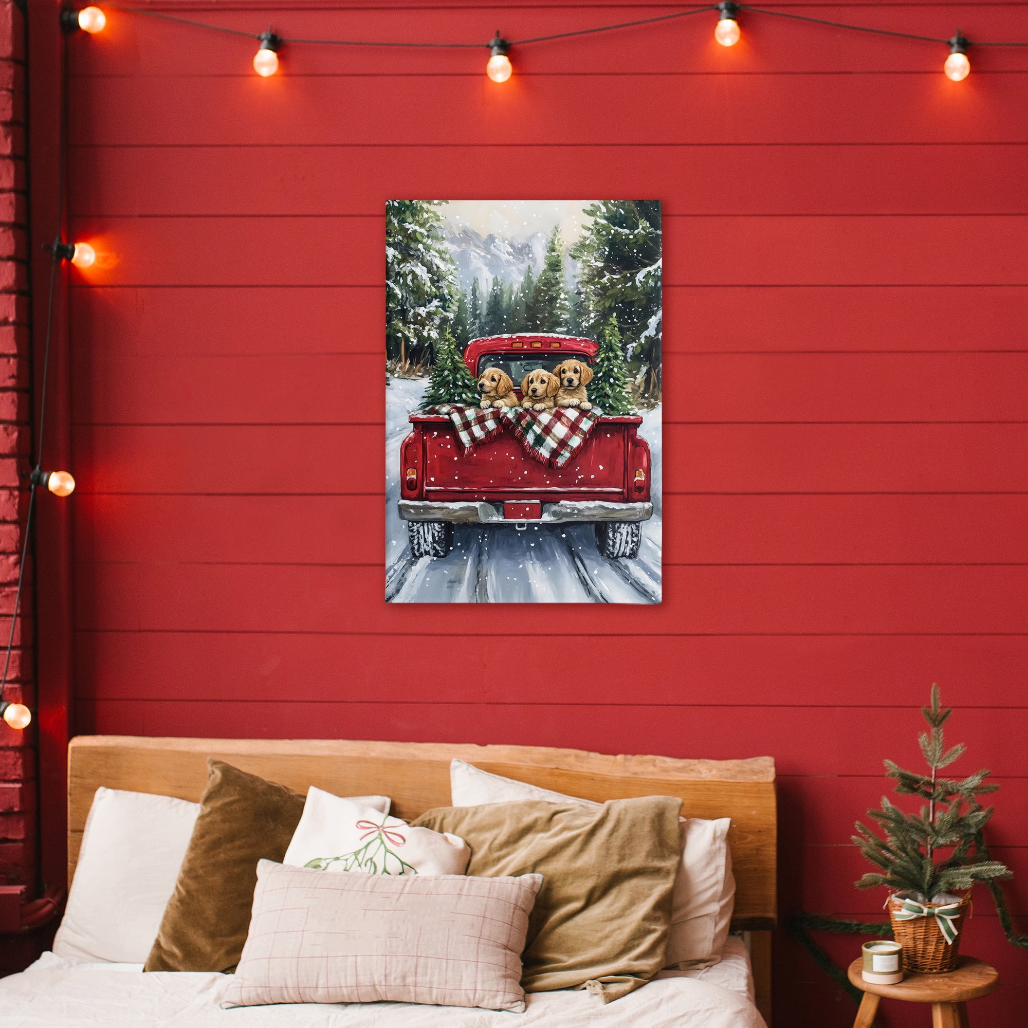 Golden Pups Christmas Truck Canvas Wall Art, design by Petal Prints Design