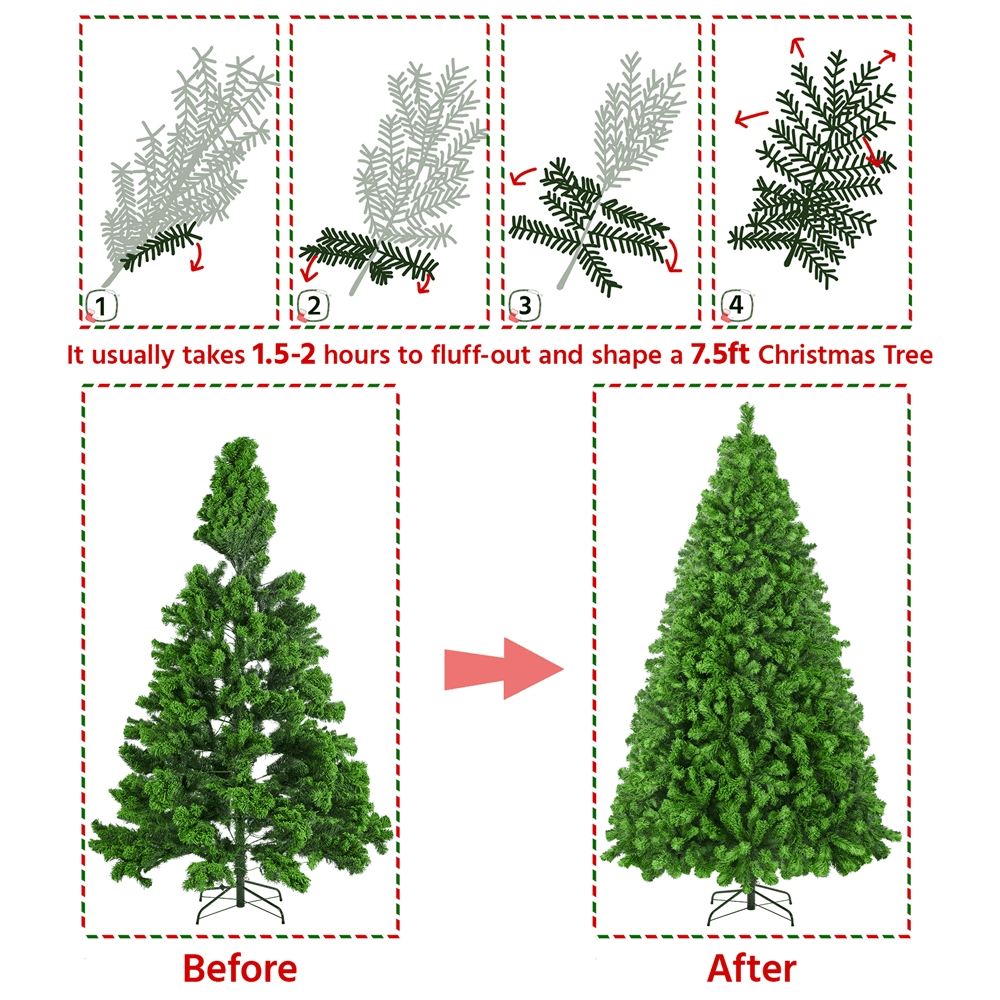 Alden Design 7.5Ft Pre-lit Flocked Artificial Christmas Tree with Foldable Stand, Pure Green