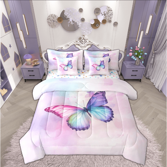 Manfei Dreamy Butterfly Child Twin Bedding Sets 7-Piece, Pink Watercolor Art Bedding Comforter Set, Romantic Anniversary Reversible Sheet Sets, Luxury Bedroom Decor