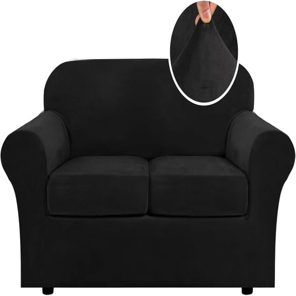 3 Piece Stretch Sofa Covers Couch Covers for 2 Cushion Couch Loveseat Covers Width Up to 72 Inch Feature Thick Soft Stay in Place (Medium Sofa, Black)