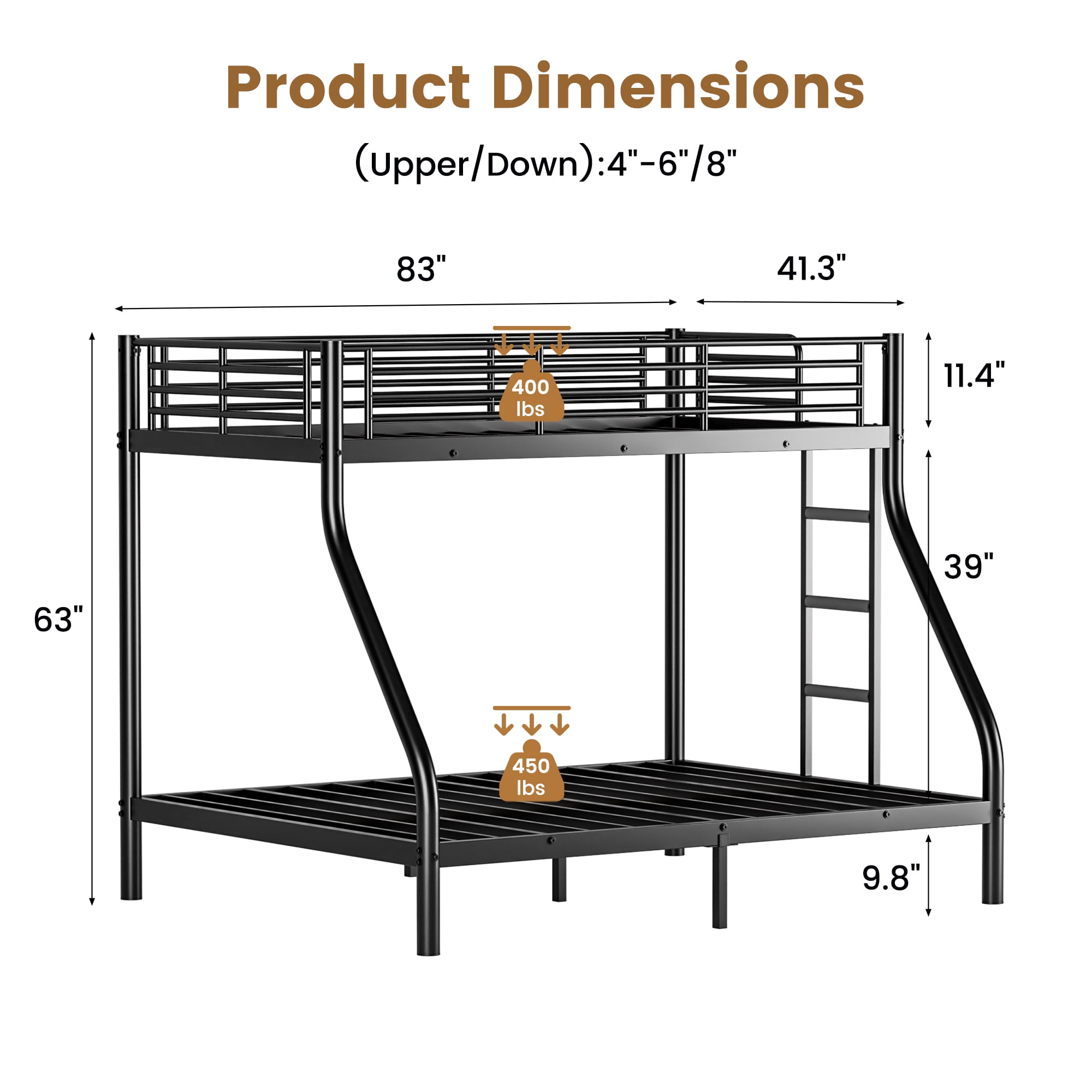 Space-Saving Black Twin Over Full Bunk Bed, Heavy-Duty Metal Bed Frame with Full-Length Rail and Ladder, Quiet Anti-Squeak Design for Kids Teens