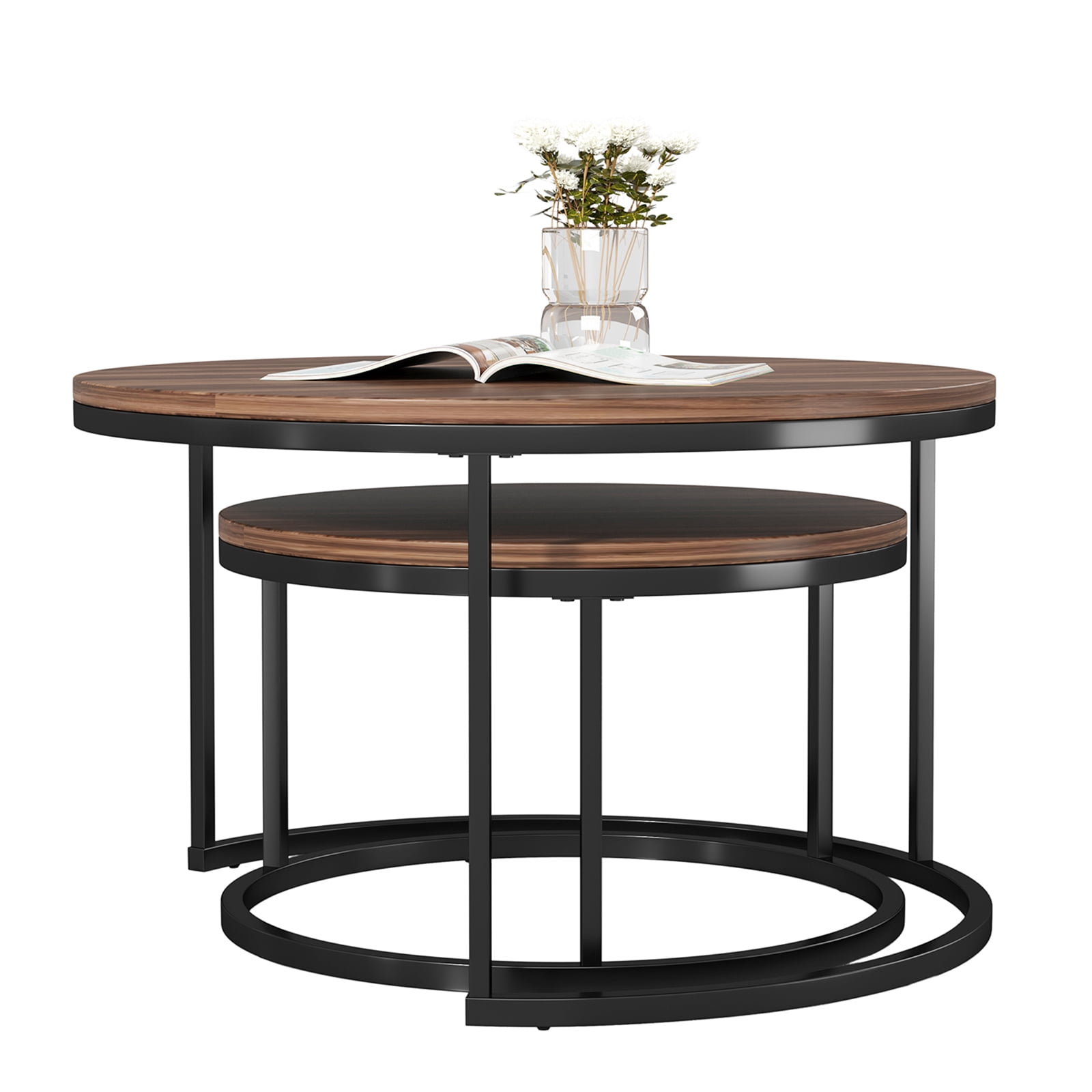 Topcobe 40" Modern Round End Table for Living Room Office, Nesting Tables Set of 2, Nesting Coffee Table, Brown