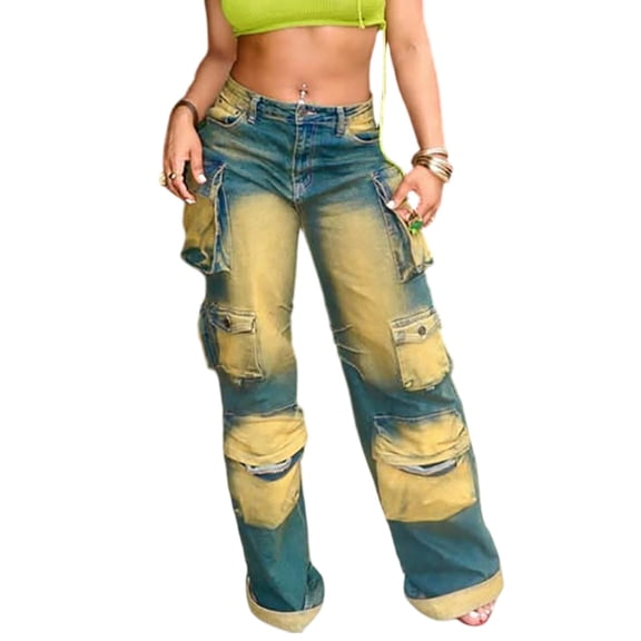 TFEOQRY Womens Tie Dye Cargo Jeans with Pockets Distressed Washed Baggy Y2K Causal Pants for Daily Streetwear Wear