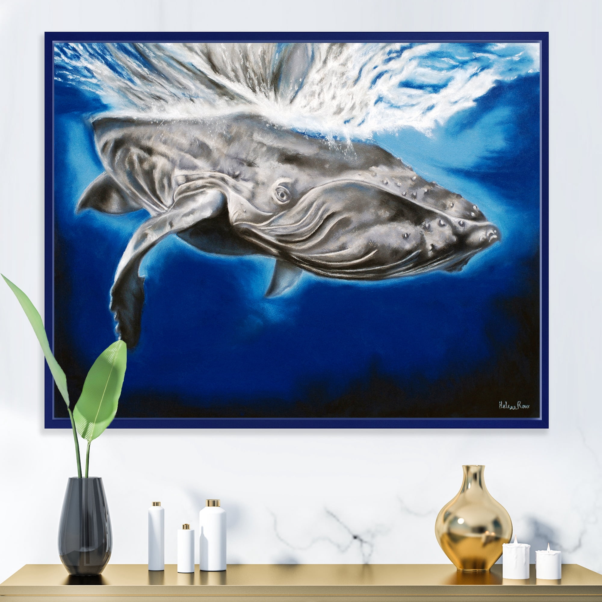 Close Up Portrait Of A Humpback Whale 32" x 16" Framed Painting Canvas Art Print, by Designart
