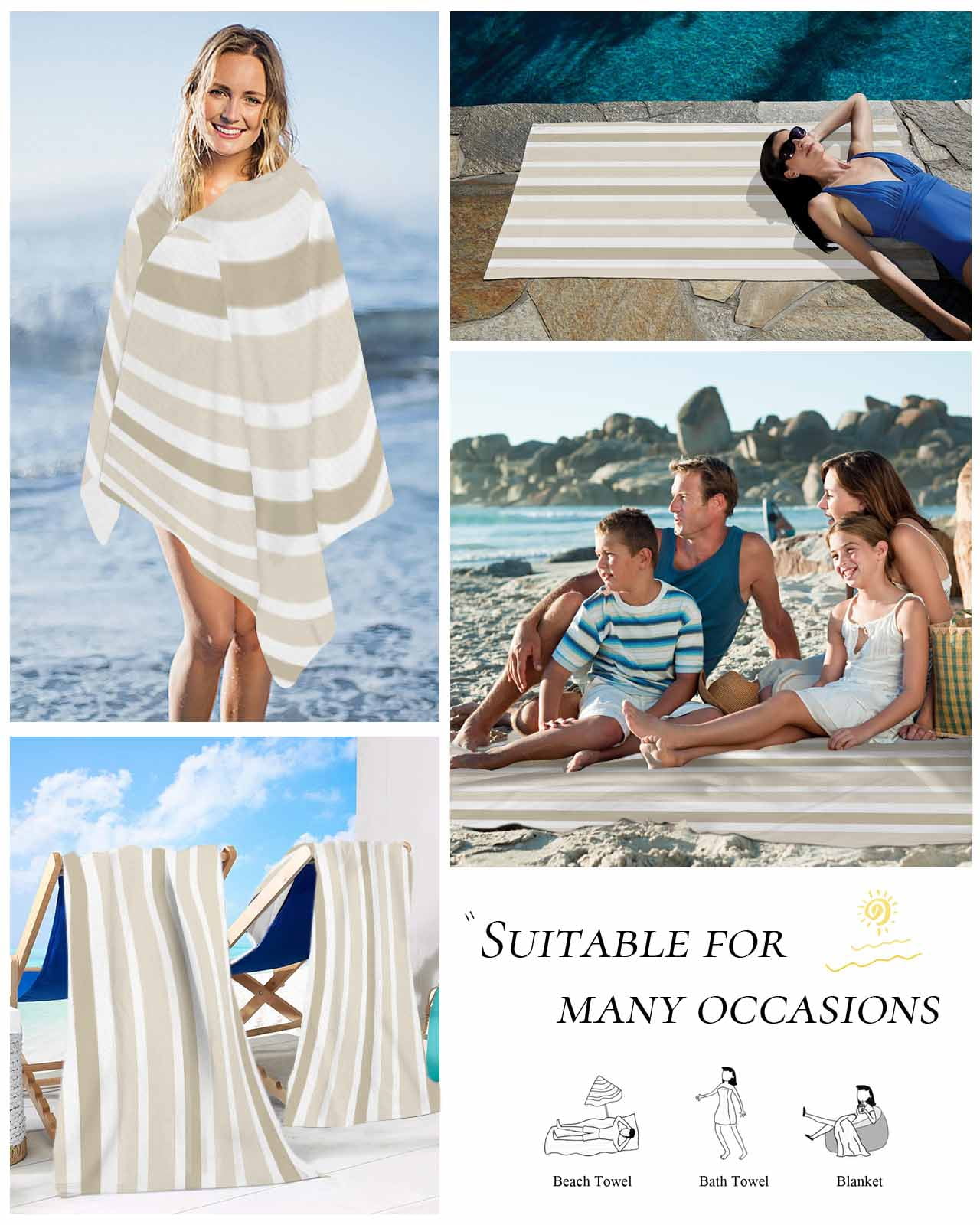 Beige Brown Striped Beach Towels Oversized Super Absorbent, Modern White Abstract Art Aesthetics Lightweight Bath Towel Quick Dry Sets For Bathroom/Pool/Rv Camping/Beach Play/Gym Room/Picnic 23"x47"