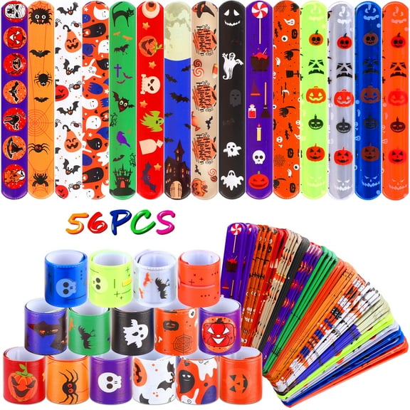 JANYUN 56 PCS Halloween Slap Bracelets,Halloween Party Favors Snap Bracelets Bulk Halloween Toys for Kids Girls Boys Birthday Party Supplies
