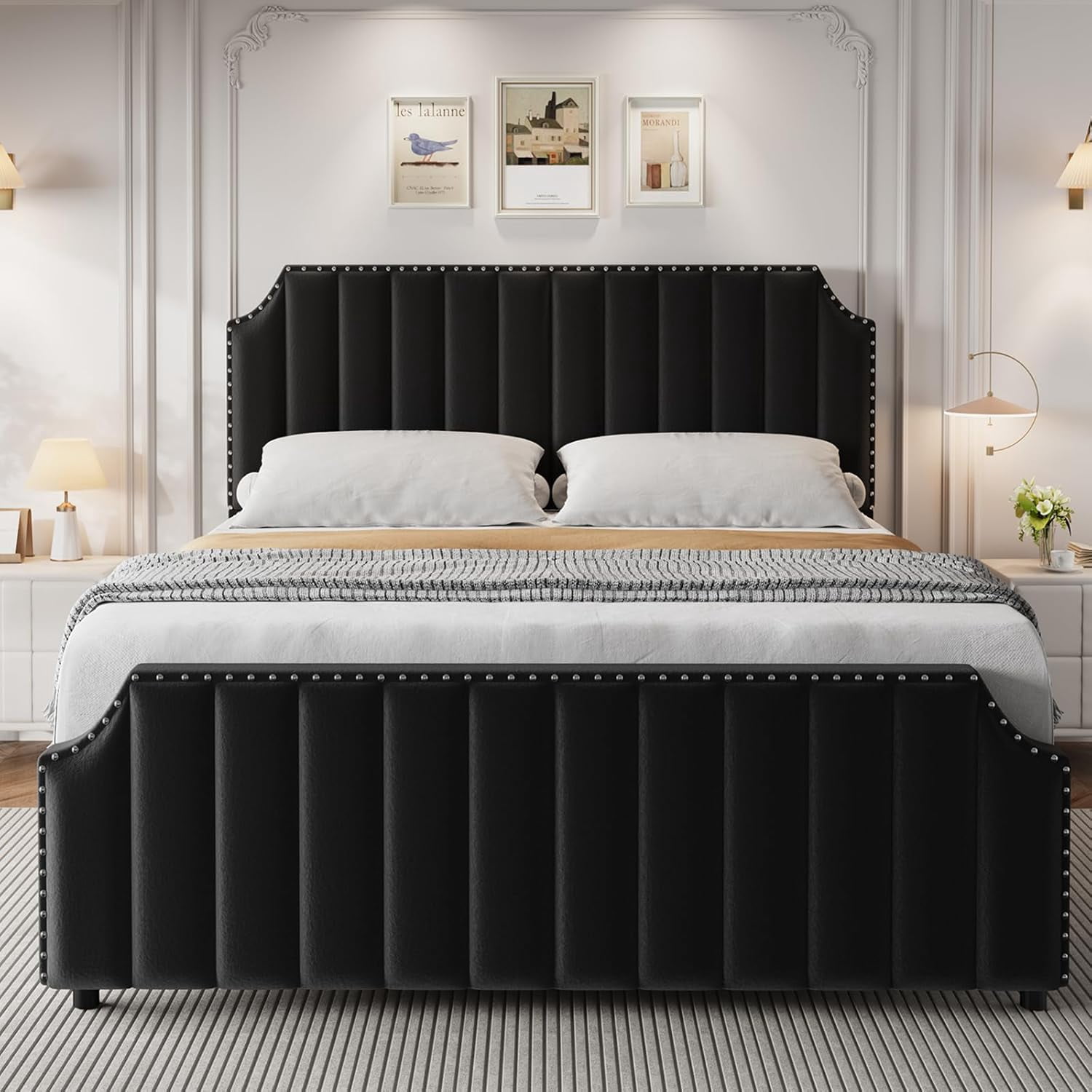 GarveeHome Queen Velvet Bed Frame, Upholstered Platform with 50.2" Tall Headboard & Footboard, Nailhead Trim, Solid Wooden Slats, No Box Spring Needed, Black