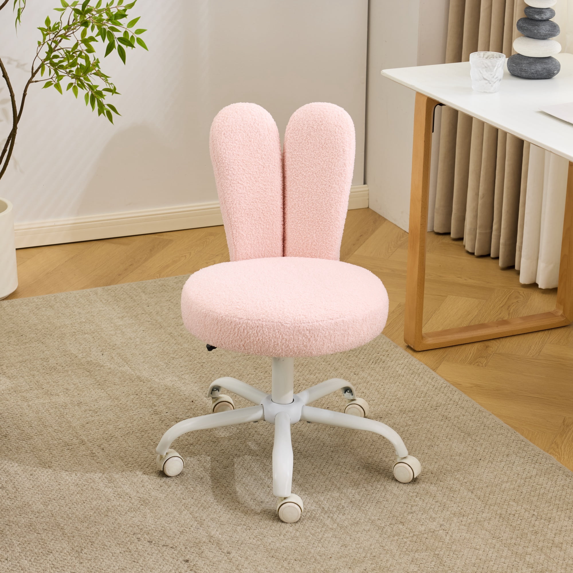 Ktaxon Teddy Fleece Office Chair, Rabbit Ear Backrest Vanity Chair, Adjustable Swivel Reading Chair for Home Office Pink