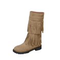 thumbnail image 2 of Willtoo Women's Vintage 2-Layer Fringe Suede Mid-Calf Boots,Round Toe Hidden Height Lifting Hippie Low Flat High Boots Khaki, 2 of 6