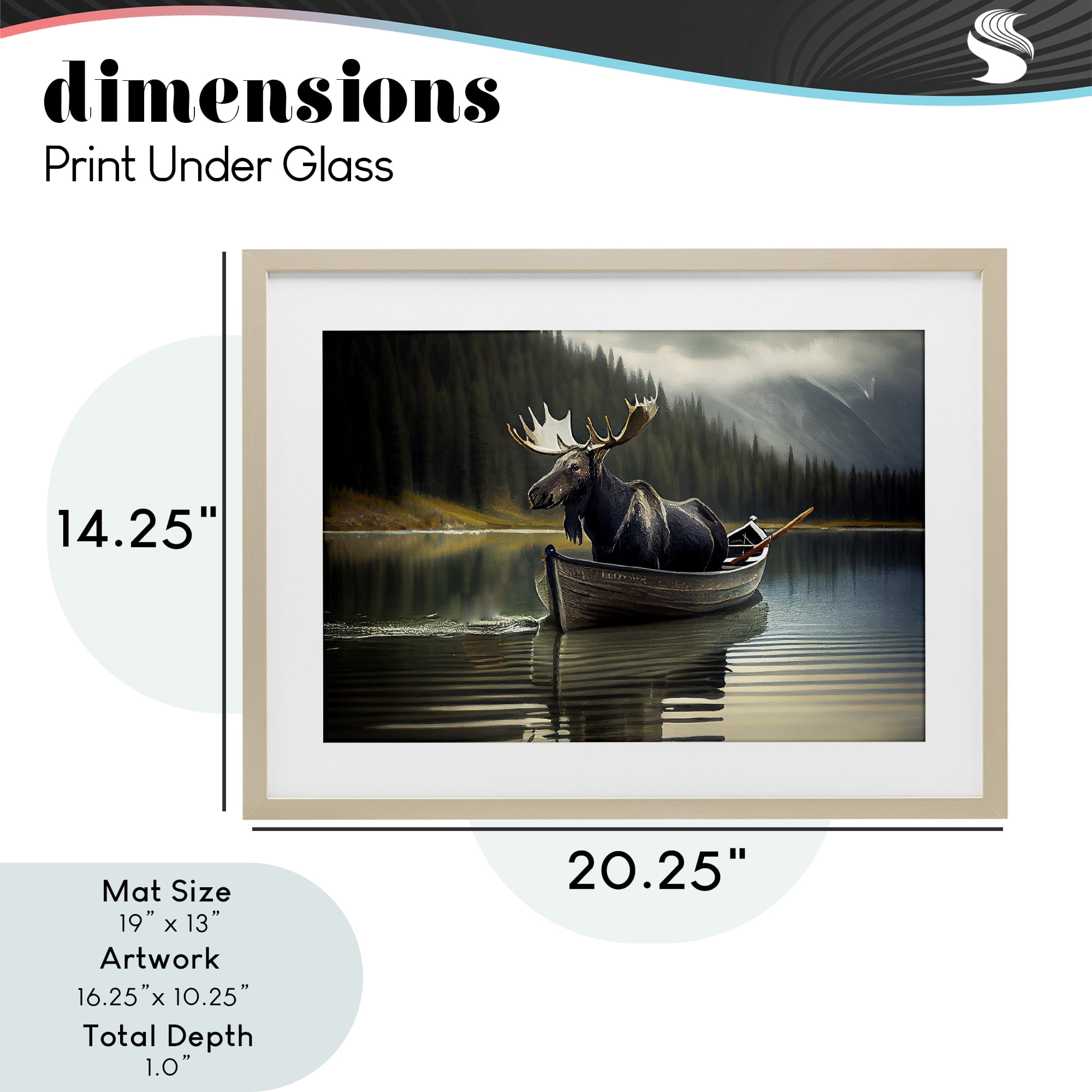 Moose in Canoe Tranquility Birch Framed Print Under Glass, design by Sasha