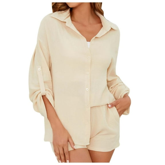 RMGVDSD Women's Casual Two Piece Outfits Classic Lapel Long Sleeve Button Down Shirts With Matching Shorts Set Trendy Beach Travel Outfits