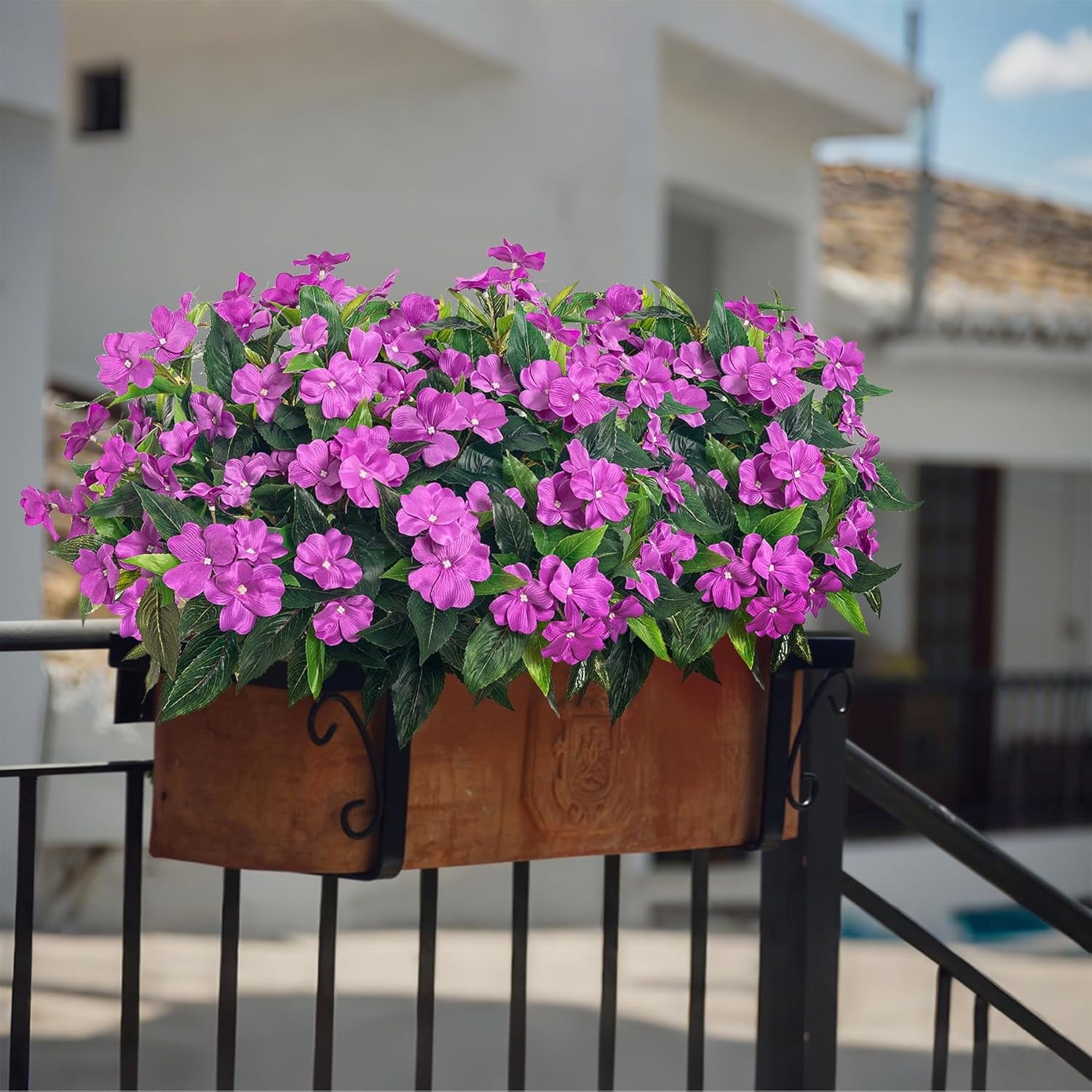 4 Pcs 7Branches Fake Impatiens Artificial Flowers Fake Flowers Bouquet No Fade Faux Silk Plants for Wedding Garden Patio Balcony Porch Window Box Decor,Purple,UV Resistant