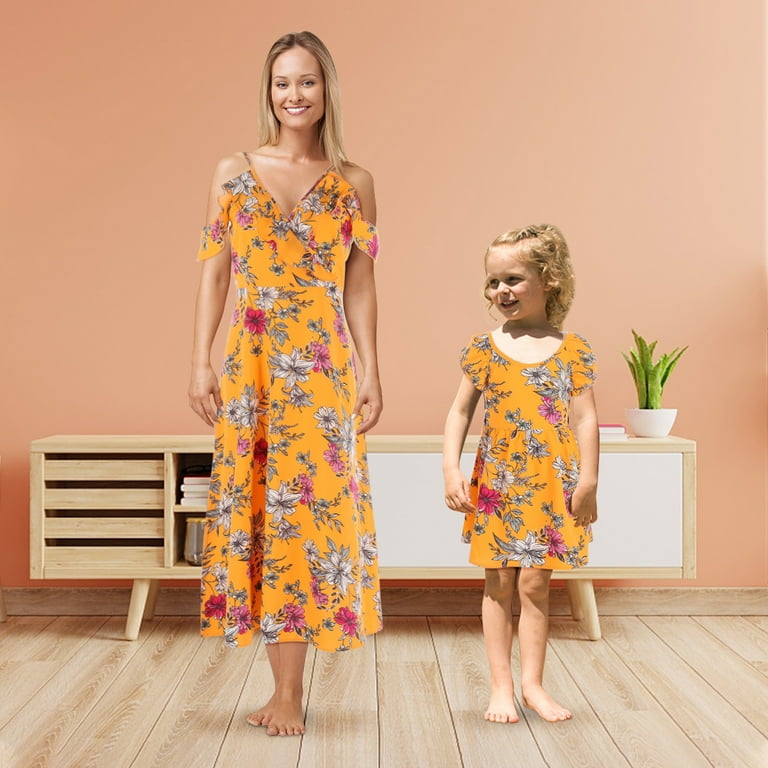 Christmas Gifts Deals for Days Jovati Mommy and Me Dresses Summer Floral Hawaiian Dresses Print Cold Shoulder Ruffle Spaghetti Straps V neck Beach