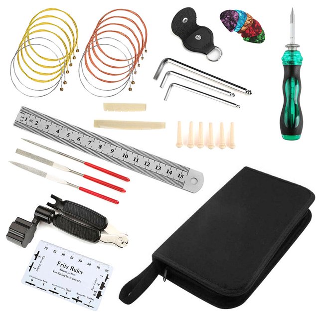 Jeu d'Outils de Réparation de Basse de Guitare Électrique Kit de Maintenance de Configuration Luthier Comprenant 2 Jeux de Cordes 1 Règle d'Action de Corde 1 Enrouleur de Corde de Guitare 1 Règle en Acier 3 Fichiers de Guitare 6 Guitare -P